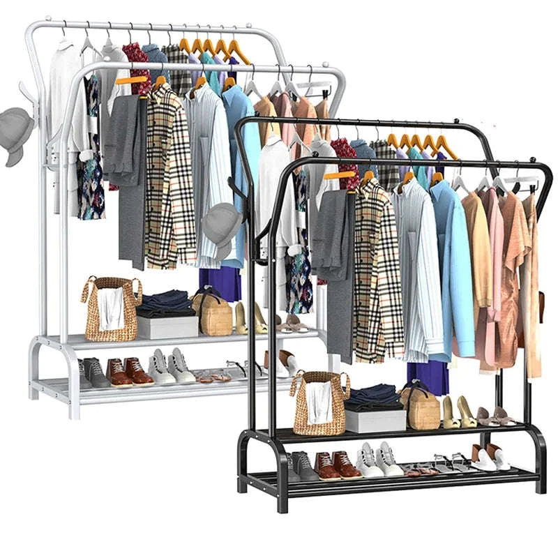 Double Rail Standing Clothes Rack with Storage Shelves-A1 / UNITED KINGDOM