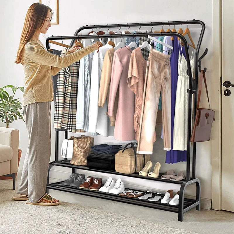 Double Rail Standing Clothes Rack with Storage Shelves-A1 / UNITED KINGDOM