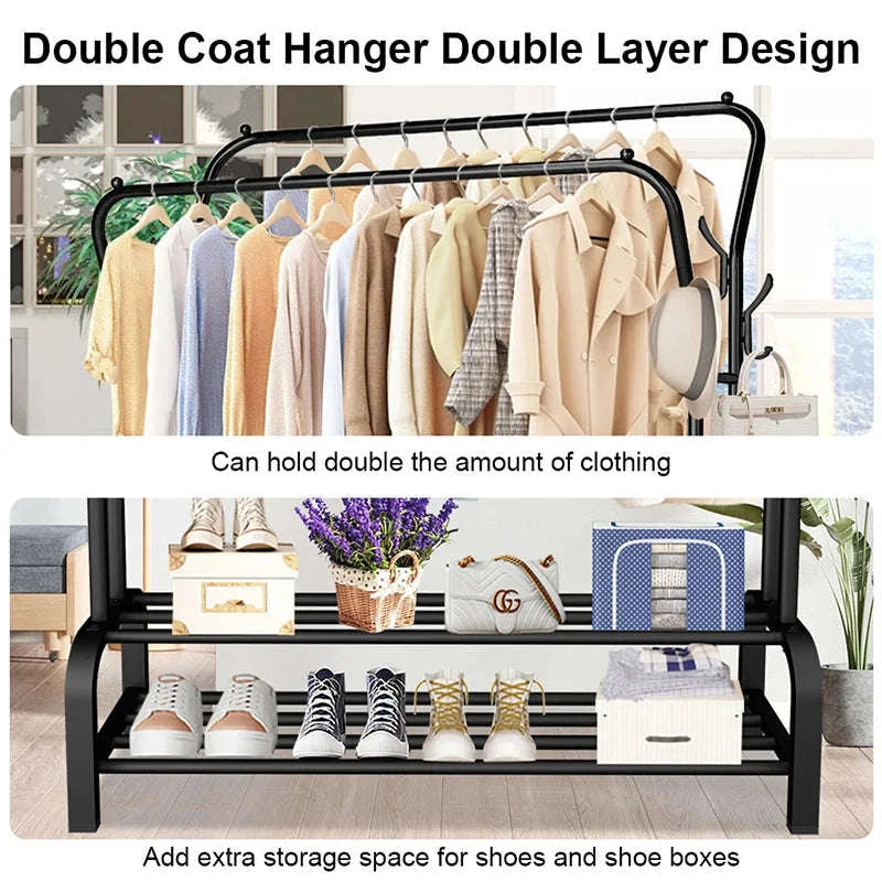 Double Rail Standing Clothes Rack with Storage Shelves-A1 / UNITED KINGDOM