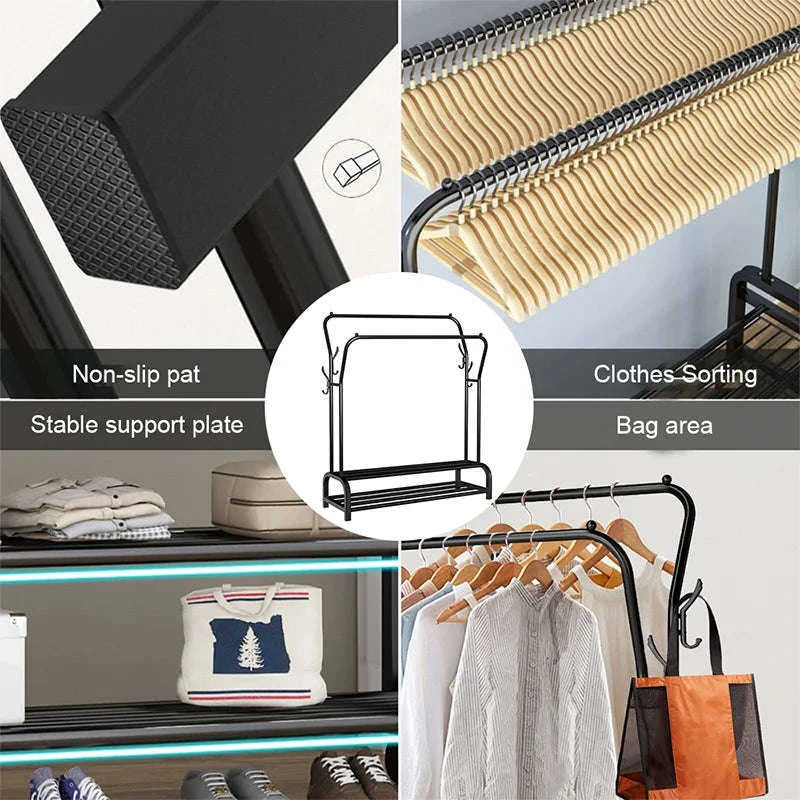 Double Rail Standing Clothes Rack with Storage Shelves-A1 / UNITED KINGDOM