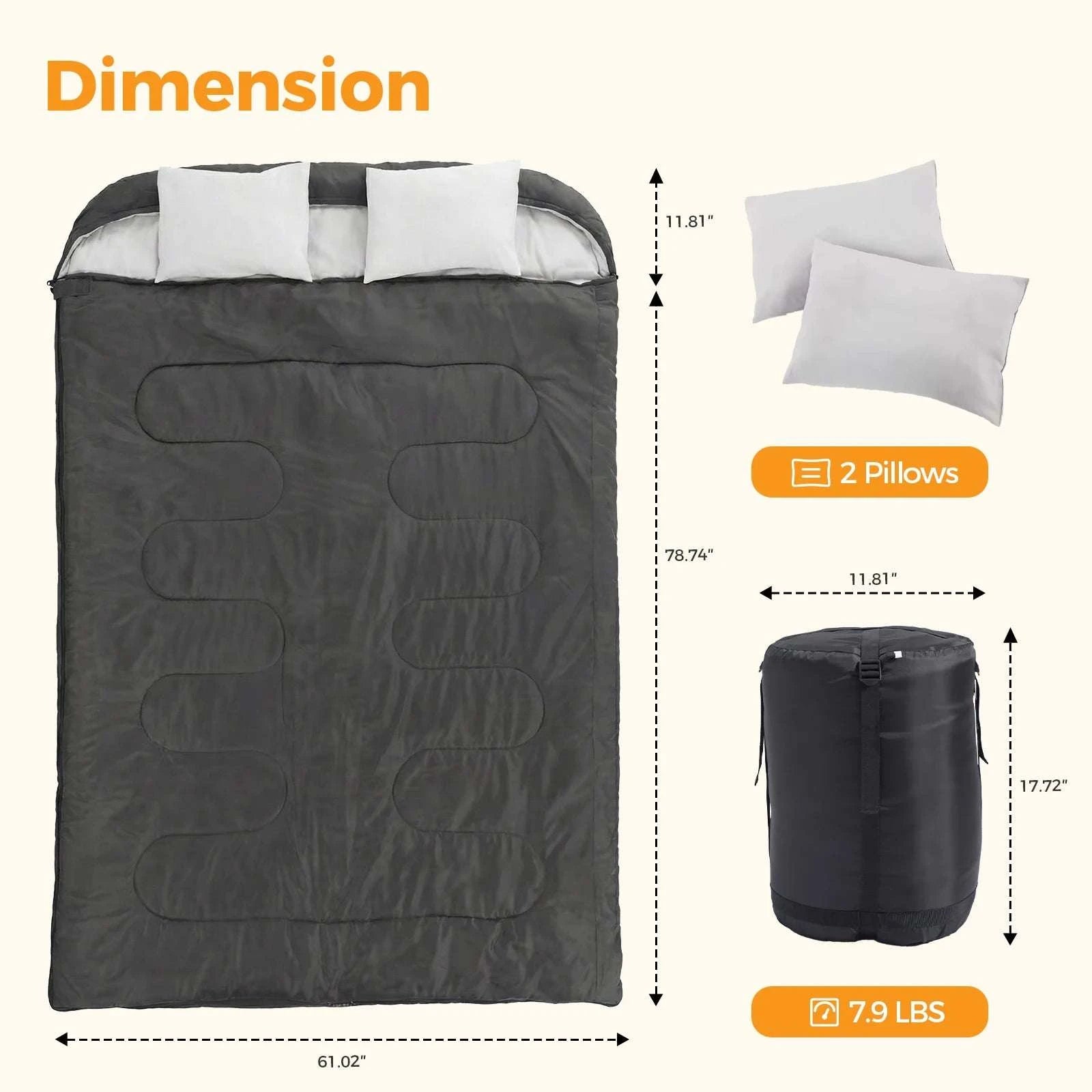 Double Sleeping Bag for 2 Adults with Pillows, 3 Season Camping-black / United States