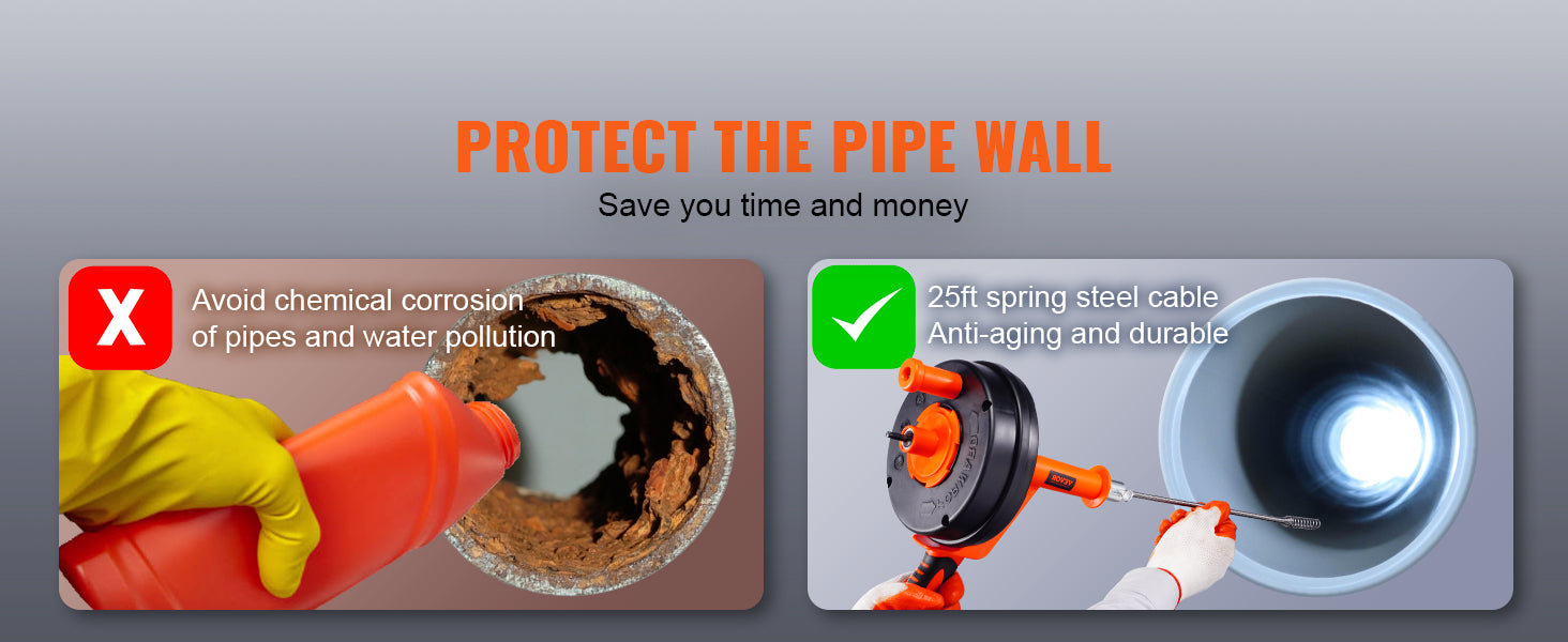 25ft Drain Auger Plumbing Snake with Drill Attachment for Clogs