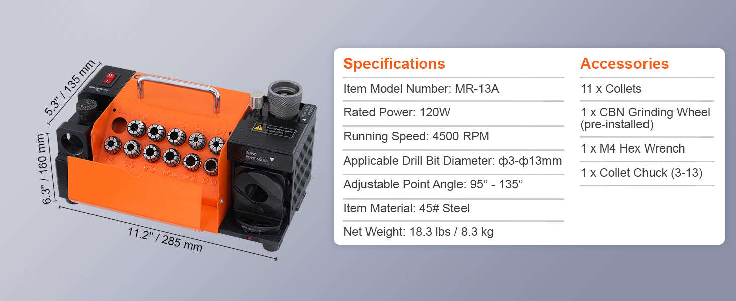Drill Bit Sharpener 3–13mm with Adjustable Angles and 11 Collets-MR-13A / United States