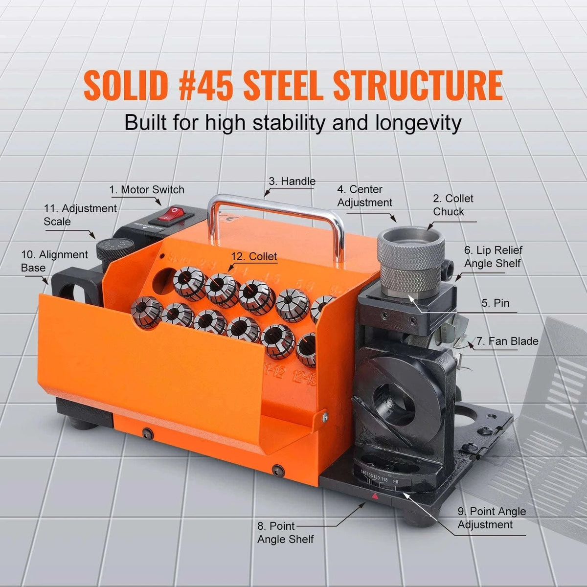 Drill Bit Sharpener 3–13mm with Adjustable Angles and 11 Collets-MR-13A / United States