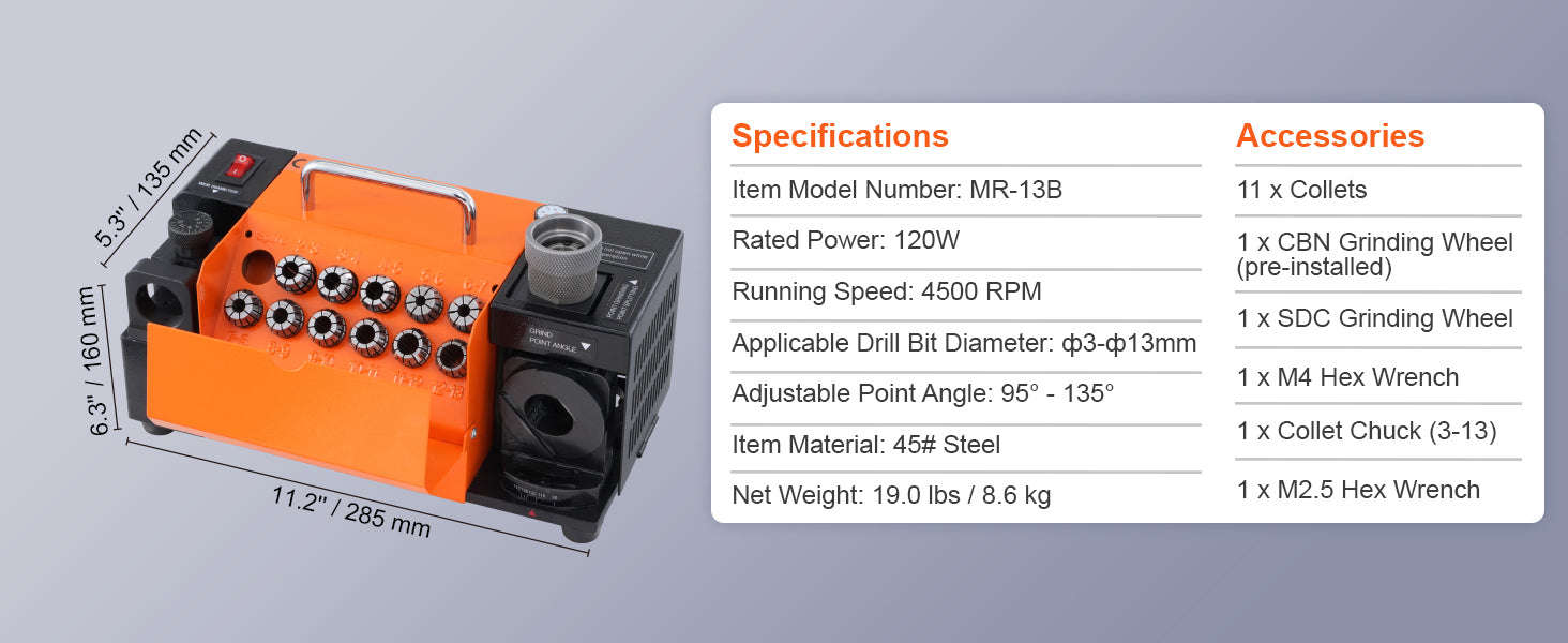 Drill Bit Sharpener 3–13mm with Adjustable Angles and 11 Collets-MR-13A / United States