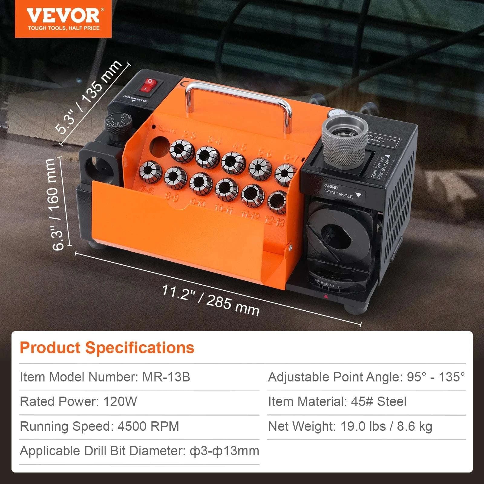 Drill Bit Sharpener Machine 4500RPM Adjustable Angle with 18 Collets-MR-20G / United States