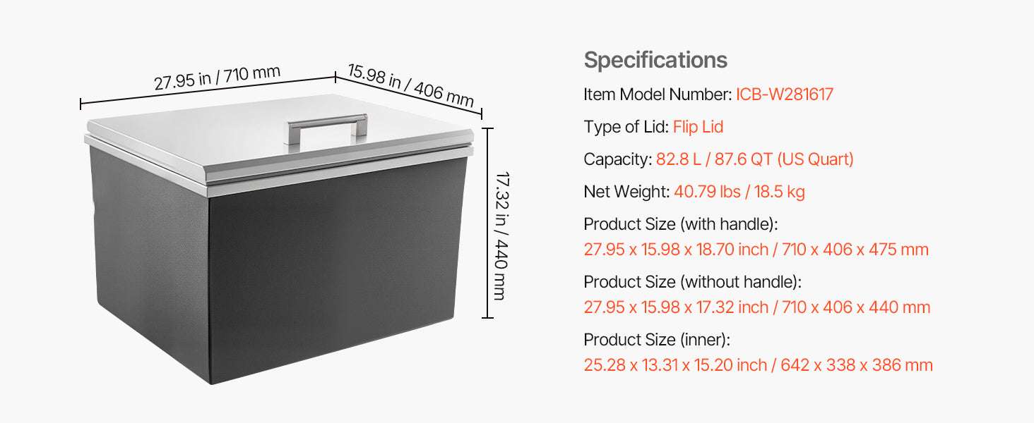 Drop-In Stainless Steel Ice Chest with Lid & Drain for Outdoor Bar-19.88x15.94x14.57in / United States