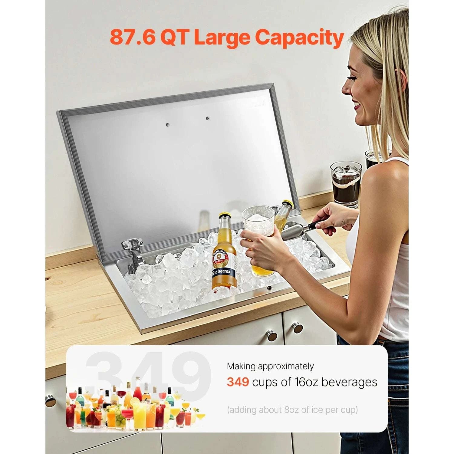Drop-In Stainless Steel Ice Chest with Lid & Drain for Outdoor Bar-19.88x15.94x14.57in / United States