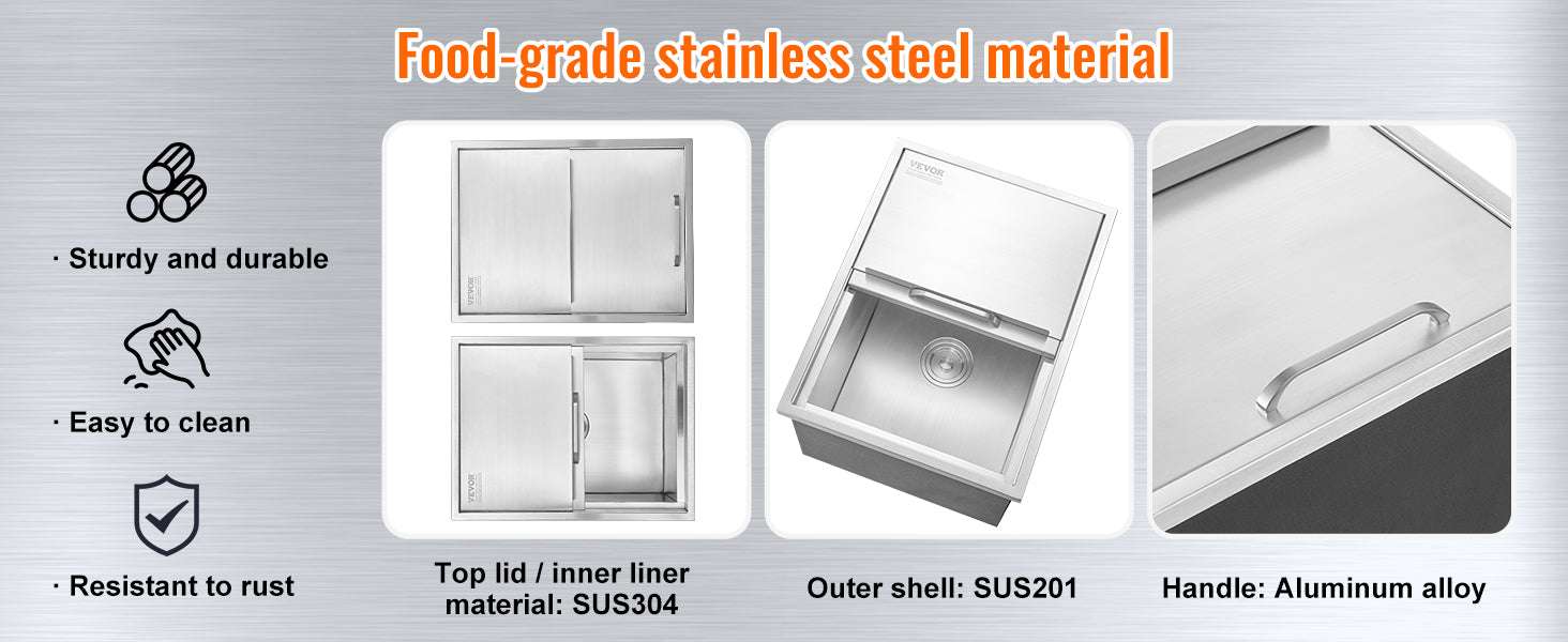 Drop-In Stainless Steel Ice Chest with Sliding Cover and Drain-18Lx12W x14.5H / United States