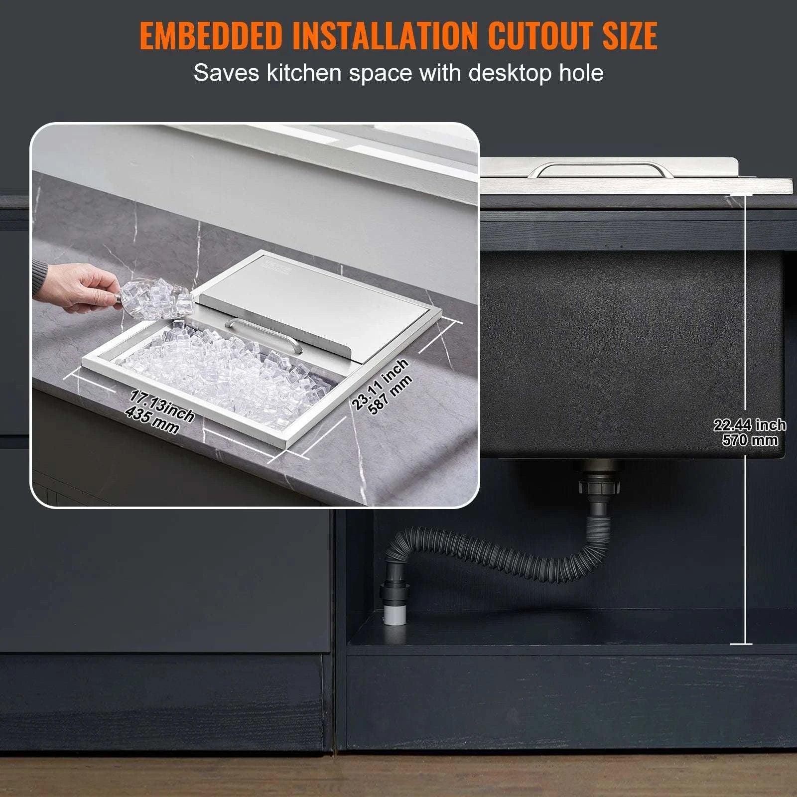 Drop-In Stainless Steel Ice Chest with Sliding Cover and Drain-18Lx12W x14.5H / United States