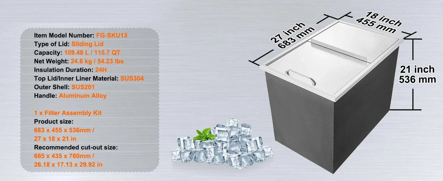 Drop-In Stainless Steel Ice Chest with Sliding Cover and Drain-18Lx12W x14.5H / United States