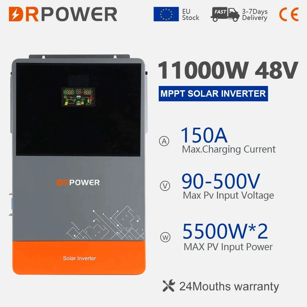 DRPOWER Dual MPPT Hybrid Solar Inverter 11KW 48V Pure Sine Wave Inverter 230V On Grid Off Grid 150A Solar Controlle Max PV 500V-11KW 48V / 220-240V / Poland