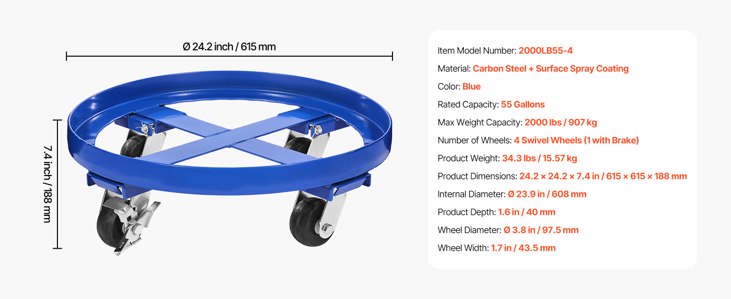 2000 lb Drum Dolly for 55 Gallon Barrels with Swivel Wheels