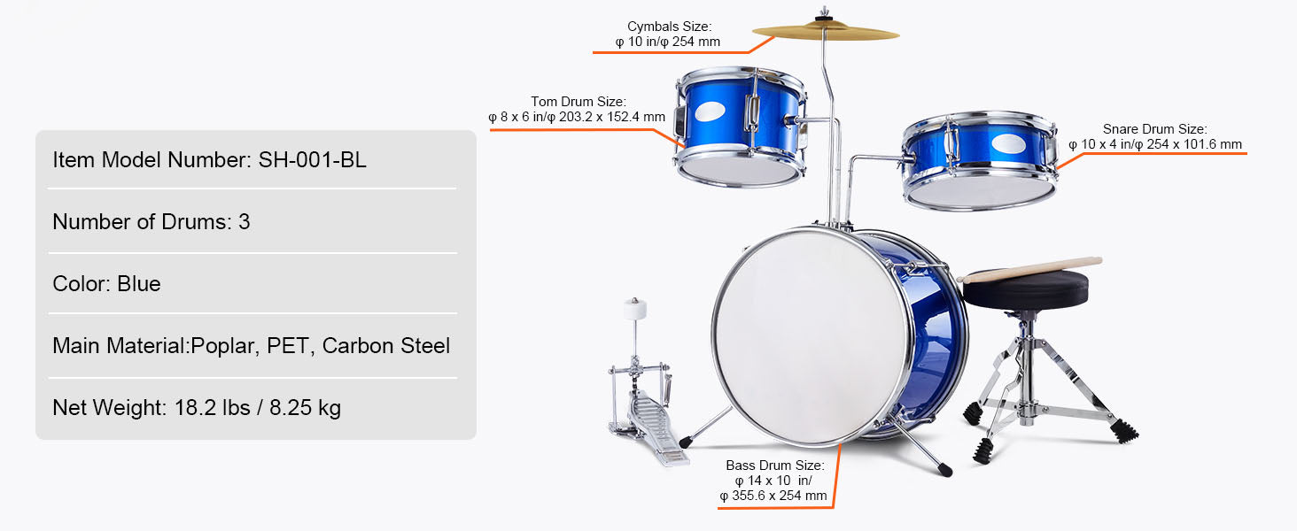Kids 3-Piece Drum Set with 14" Bass, Adjustable Throne & Cymbal
