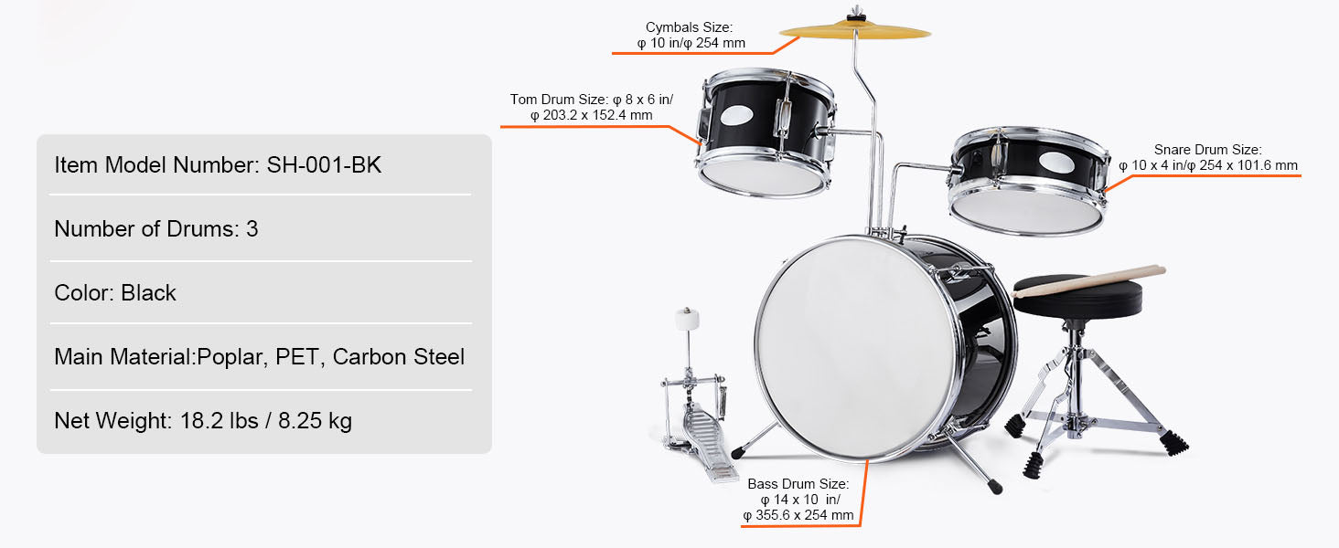 Kids 3-Piece Drum Set with 14" Bass, Adjustable Throne & Cymbal