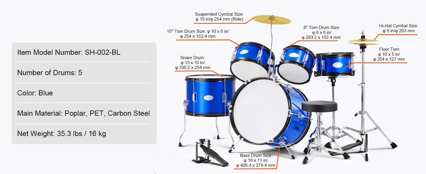5-Piece Kids Drum Set 16'' Beginner Kit with Bass, Snare & Toms