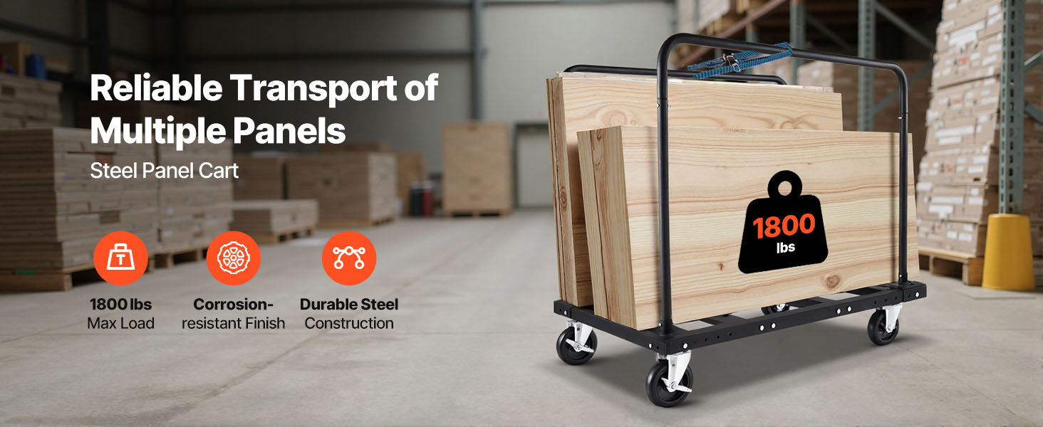 1800 lb Drywall Panel Dolly Cart with Swivel Casters & Strap