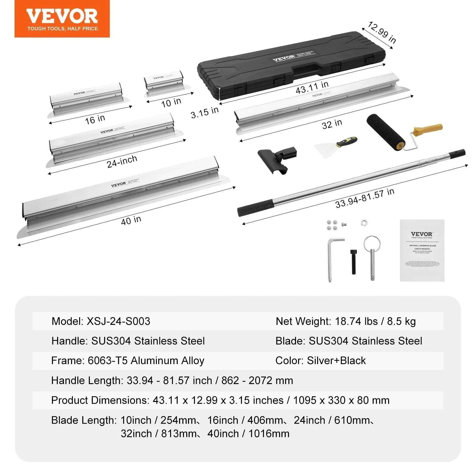 Drywall Skimming Blade Set with Extension Pole 10–40 Inch Kit-5pcs 10 16 24 32 40 / United States