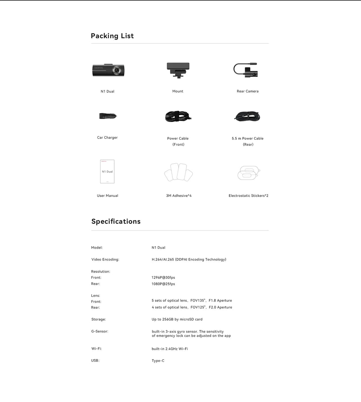 Dual Front and Rear Dash Cam 1296P with App Control-DDPAI N1 Dual