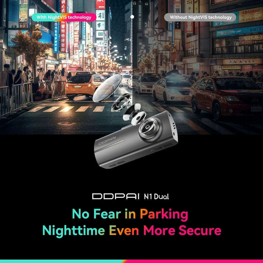 Dual Front and Rear Dash Cam 1296P with App Control-DDPAI N1 Dual