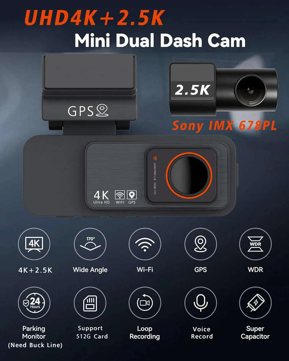 Dual Lens 4K UHD Dash Cam-4K-2.5K Rear-BL
