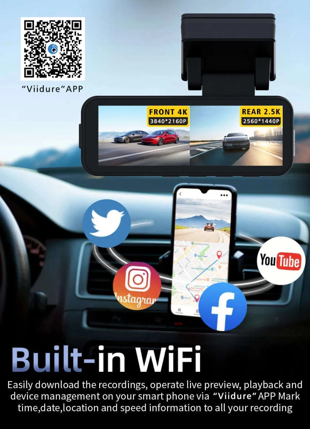 Dual Lens 4K UHD Dash Cam-4K-2.5K Rear-BL