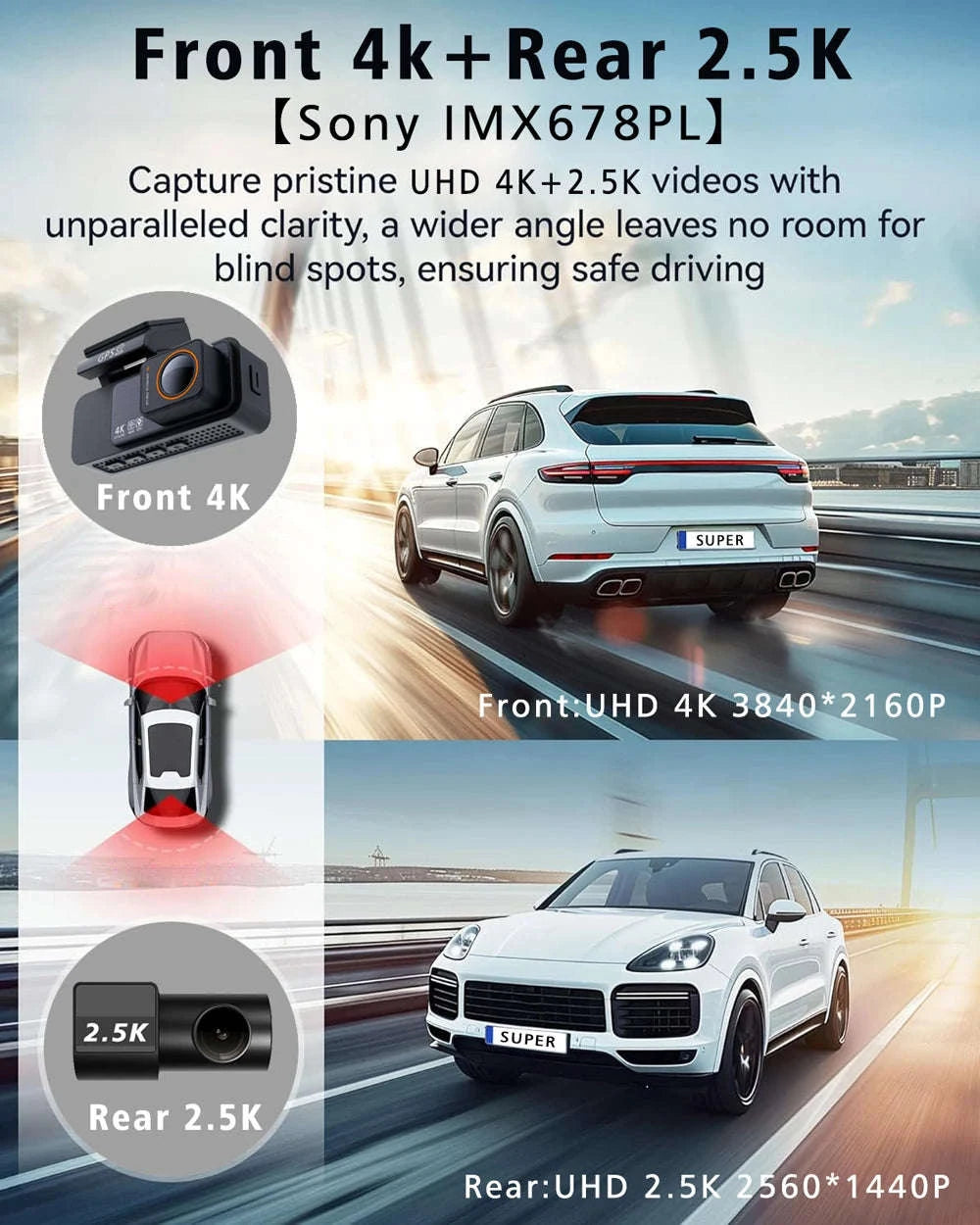 Dual Lens 4K UHD Dash Cam-4K-2.5K Rear-BL
