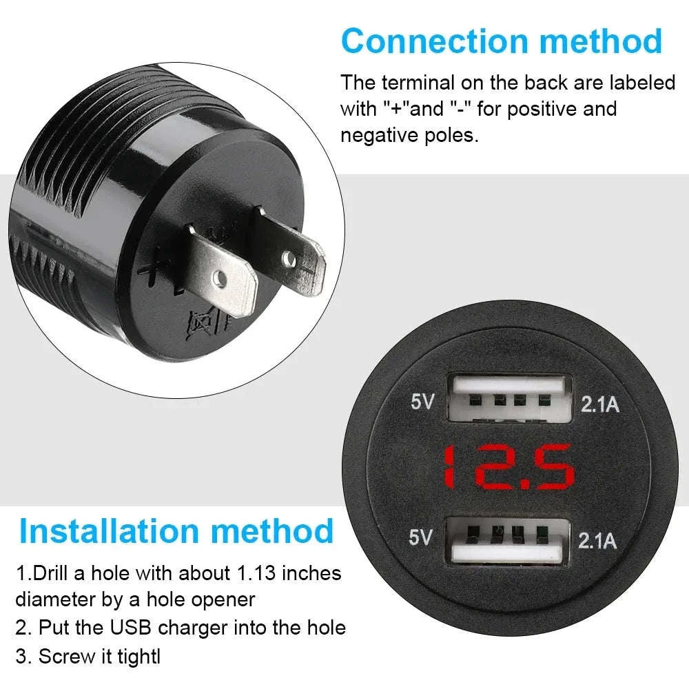 Dual USB Car Charger Socket with Voltmeter for 12V/24V Vehicles-green