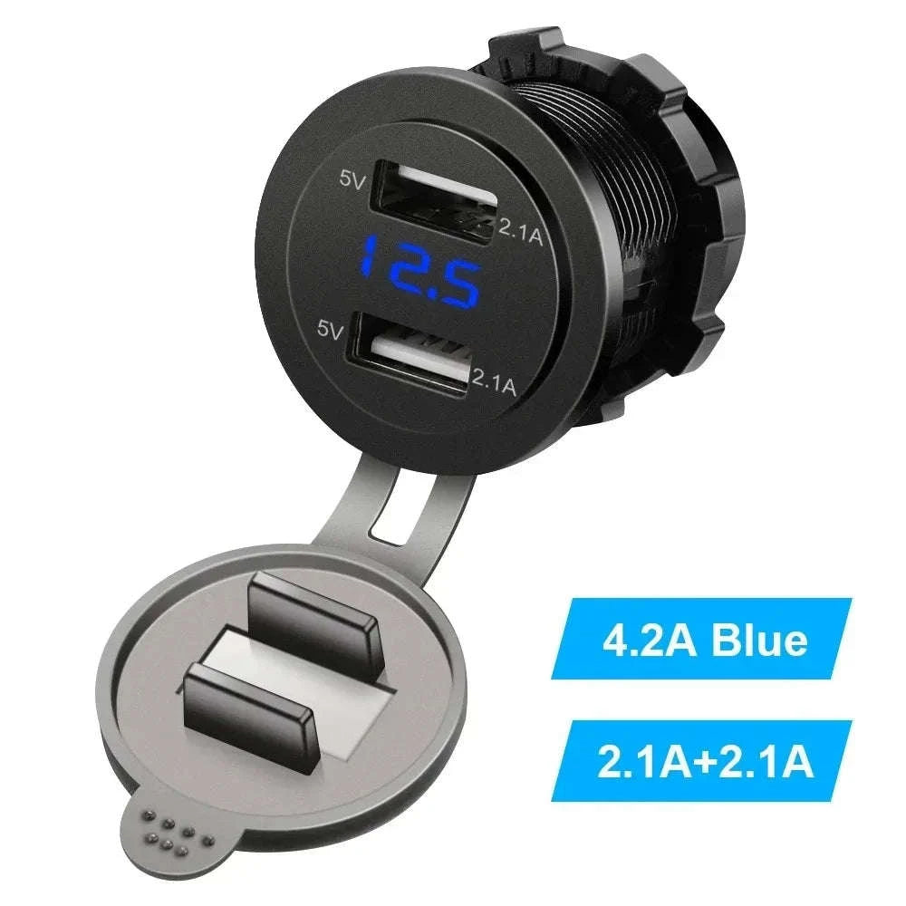 Dual USB Car Charger Socket with Voltmeter for 12V/24V Vehicles-green
