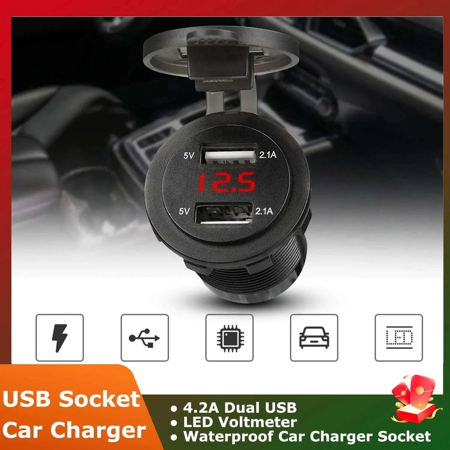Dual USB Car Charger Socket with Voltmeter for 12V/24V Vehicles-green