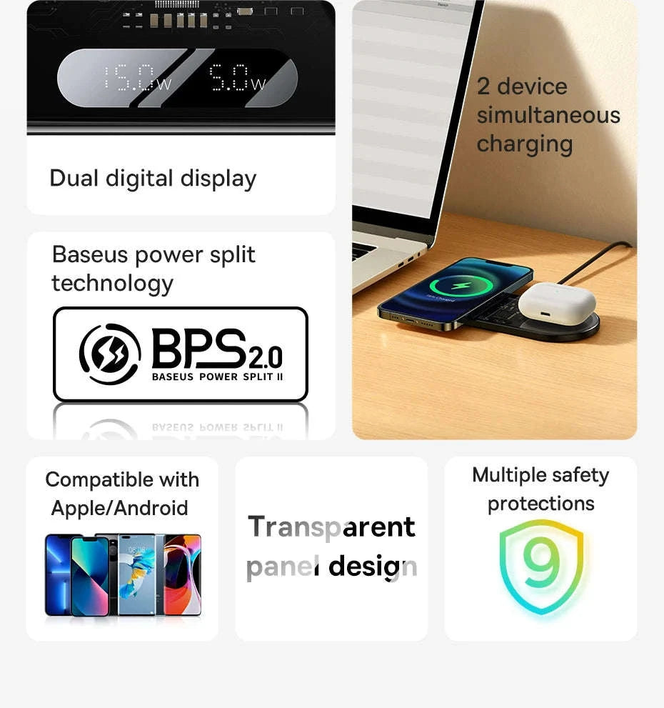 Dual Wireless Charger with LED Display for iPhone, Samsung & AirPods-Black