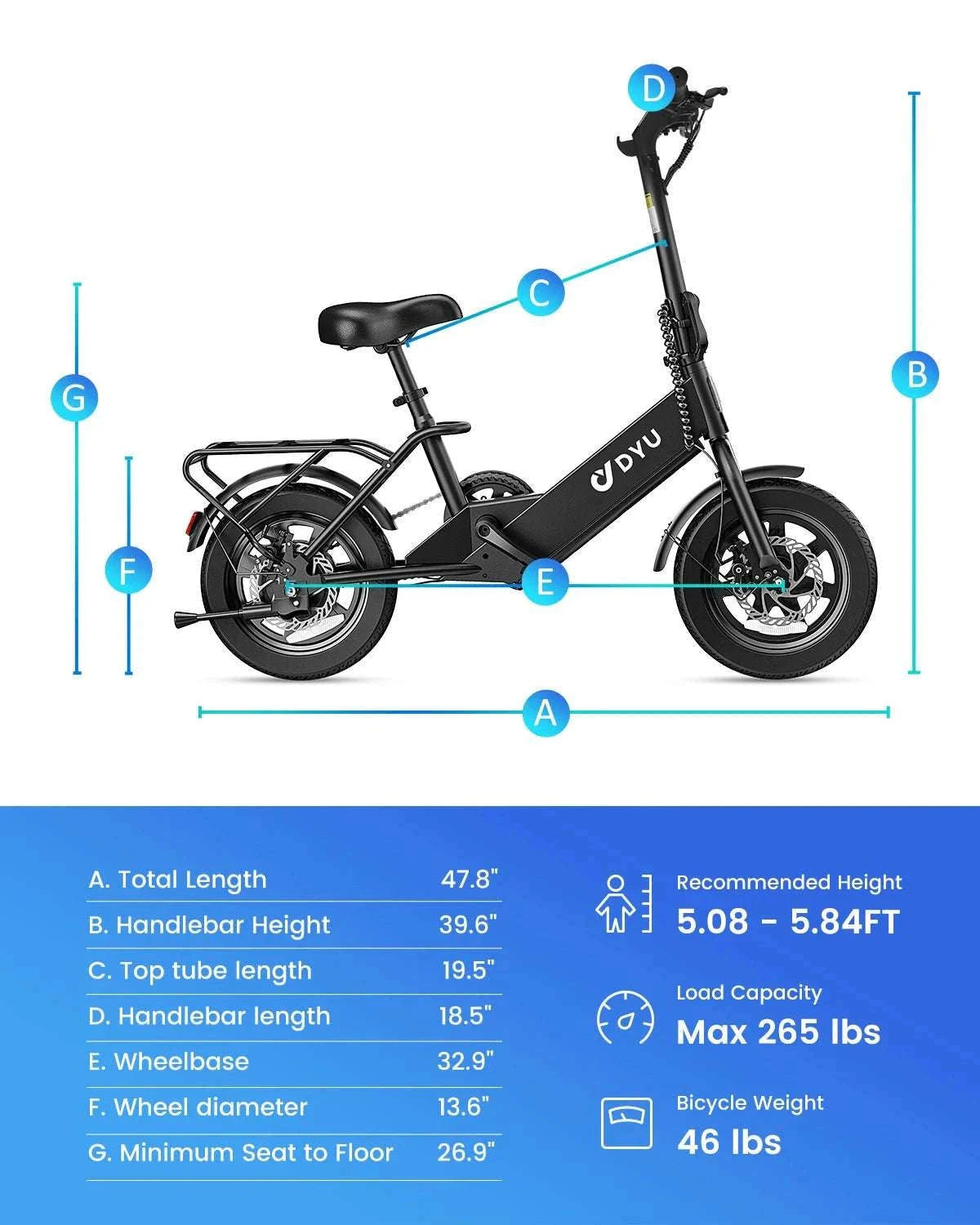DYU C3 14" Folding Electric Bike 36V Lithium Battery Compact E-Bike-black / United States