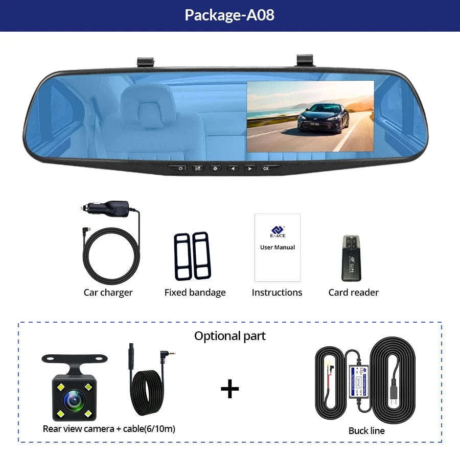 E-ACE 4.3" Dual Lens Dashcam Mirror DVR FHD 1080P-A08-6M RCC / 64G