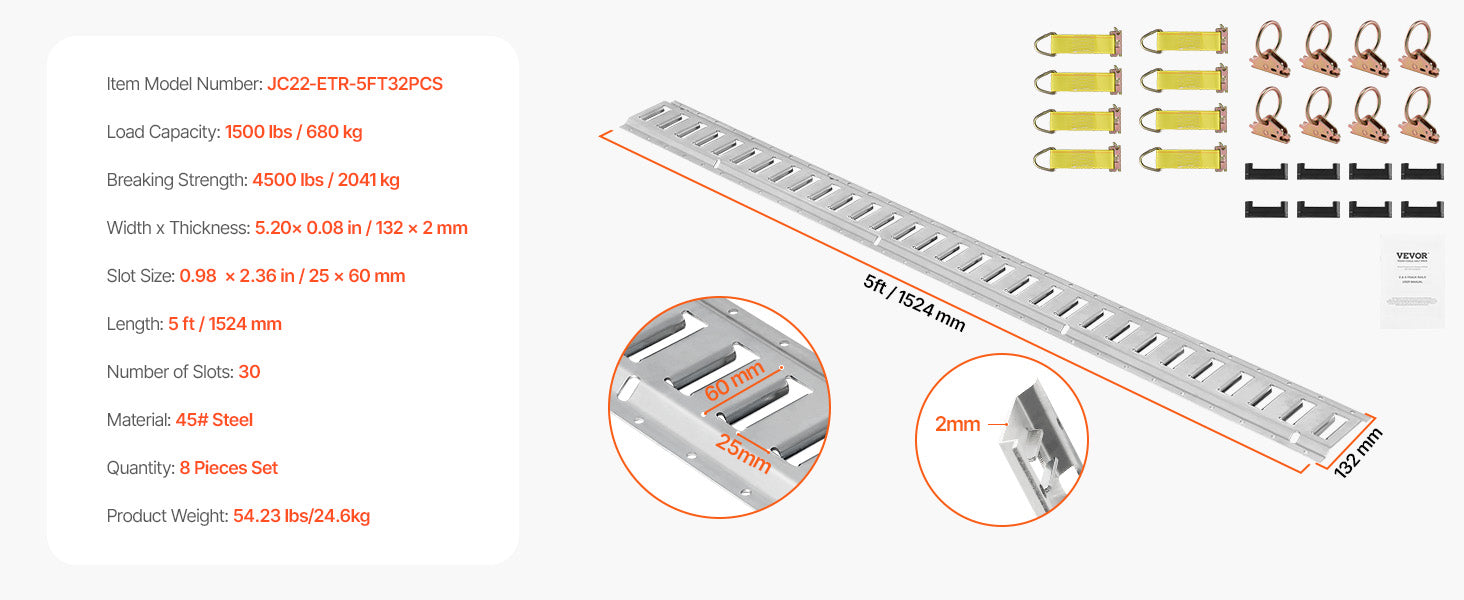 E-Track Tie-Down Rail Kit with Steel Rails & O-Rings for Cargo