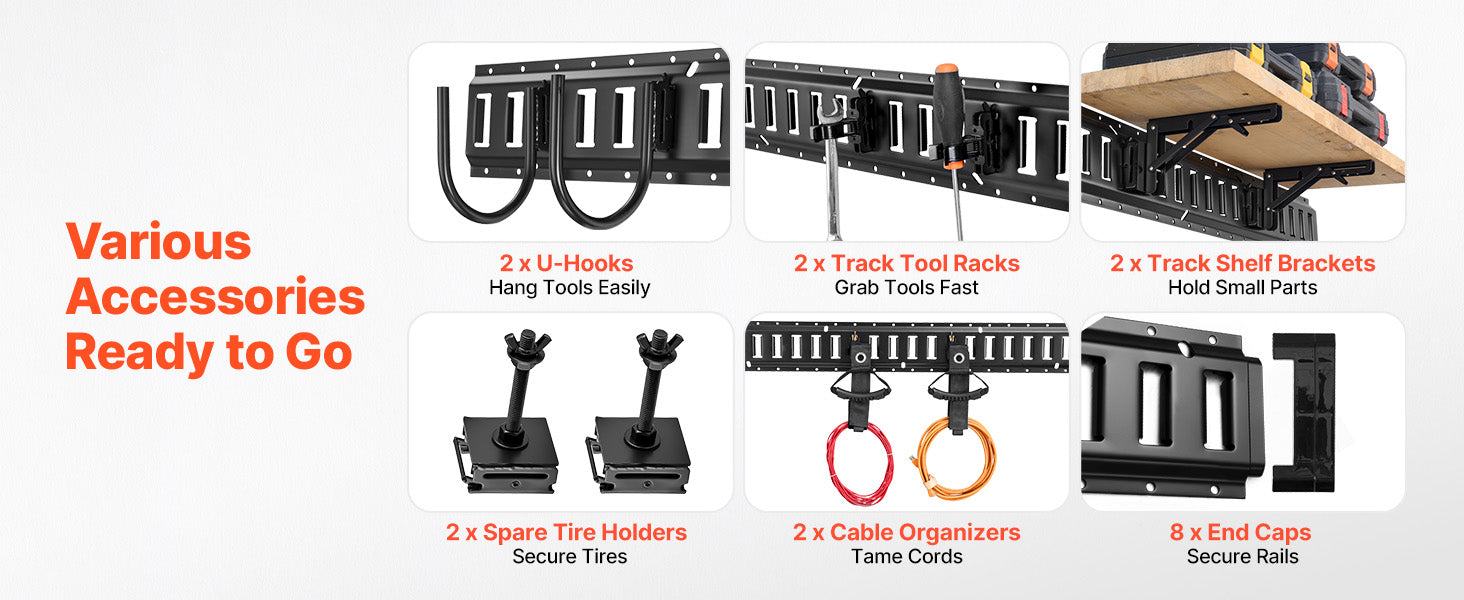 4 Pack E-Track Tie-Down Rail Kit with Hooks, Shelves & Tire Holders