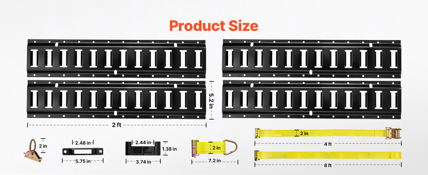 4 Pack 2ft E-Track Tie-Down Rail Kit with Rings & Anchors