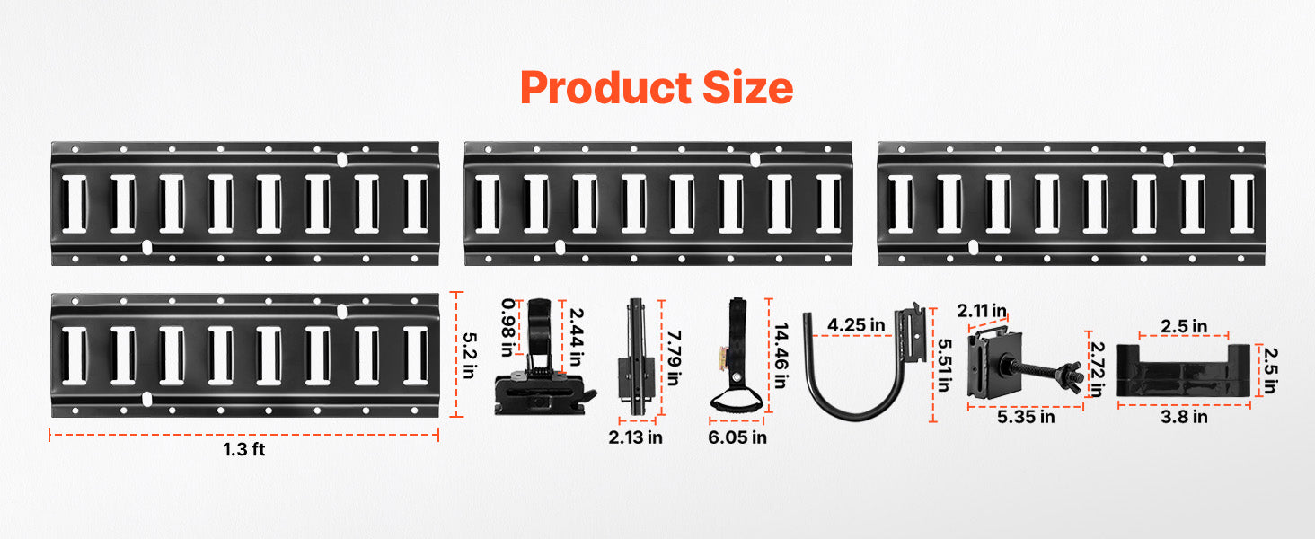 4 Pack E-Track Tie-Down Rail Kit with Hooks, Shelves & Tire Holders