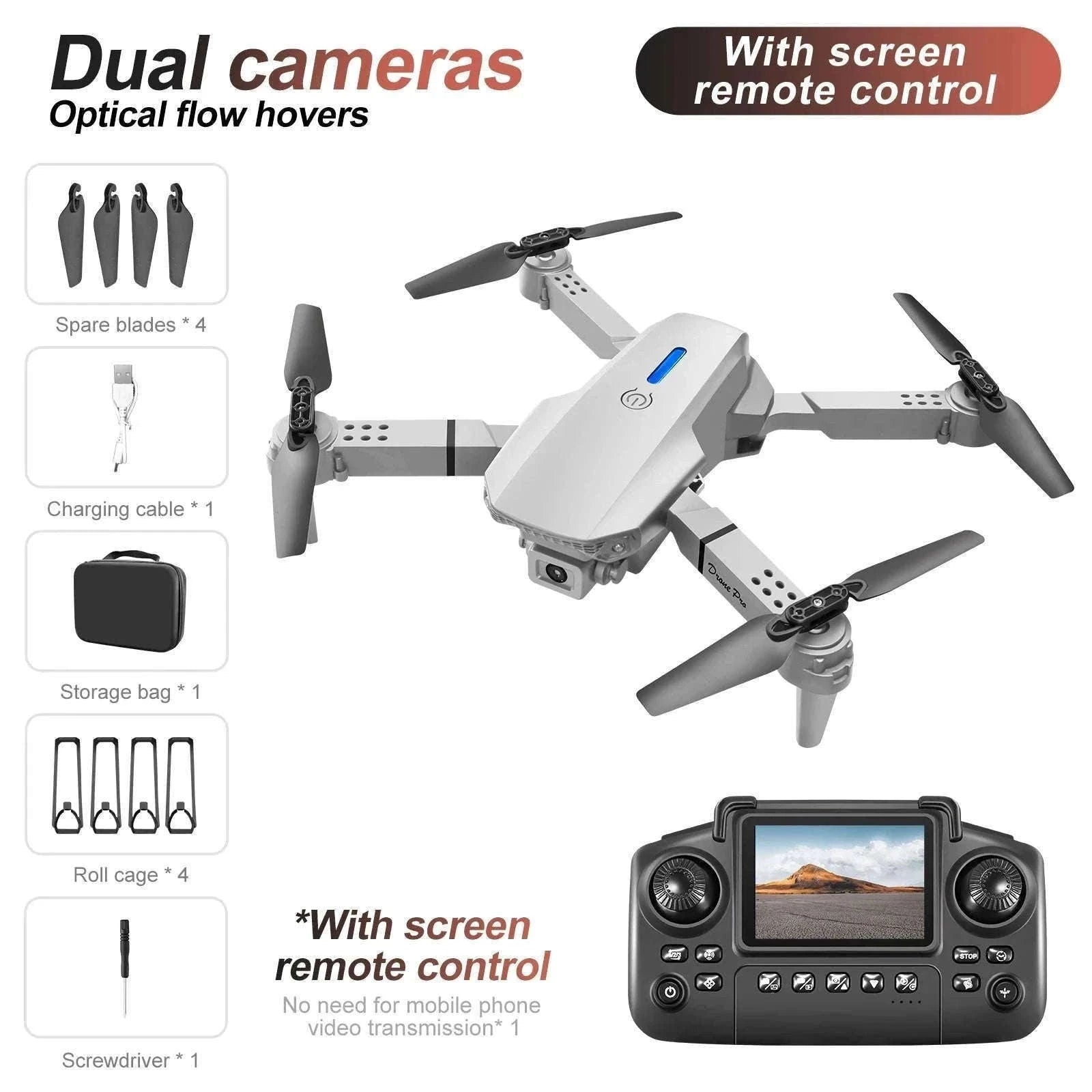E88 E99 Drone with Screen Remote and Dual Camera-E99-grey