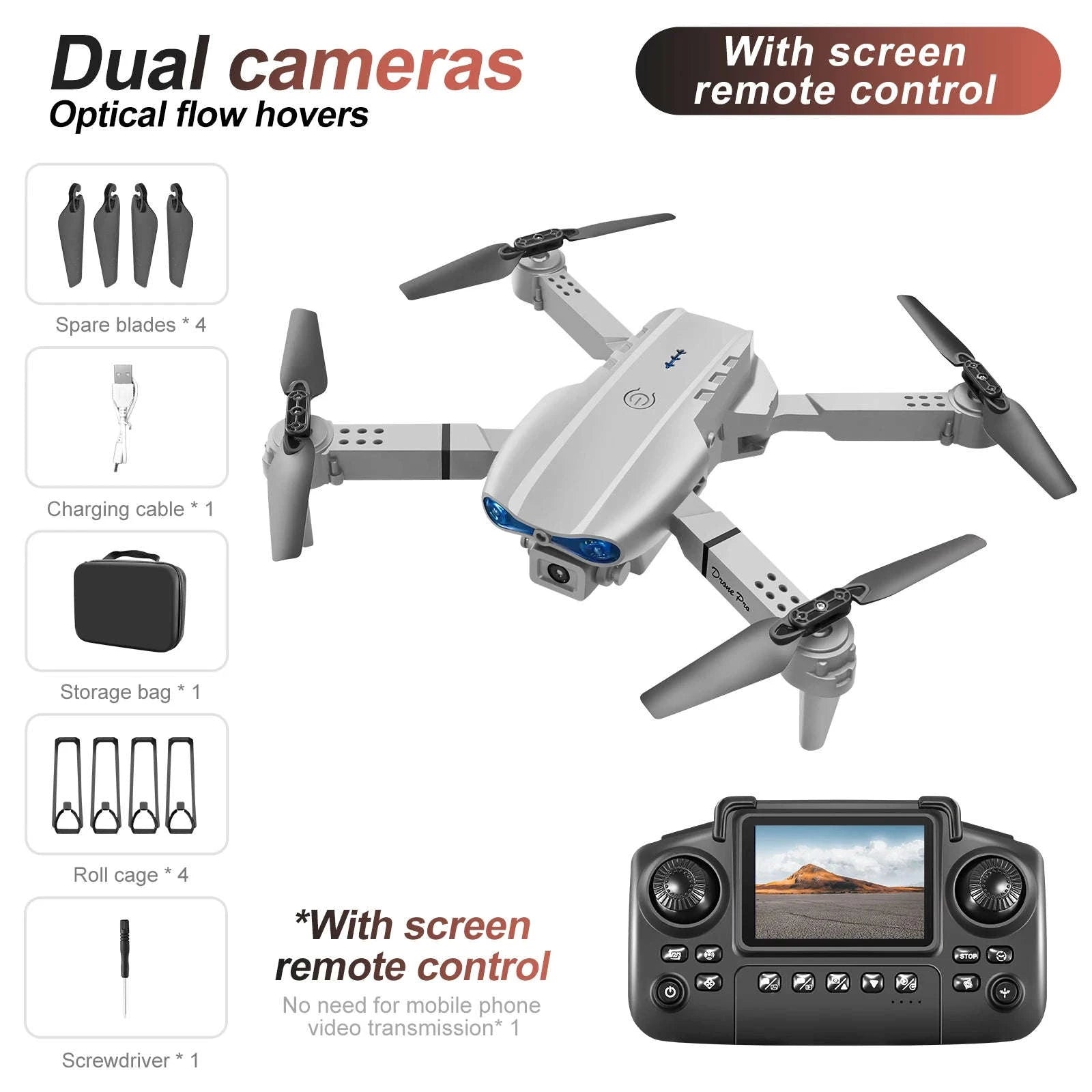 E88 E99 Drone with Screen Remote and Dual Camera-E99-grey