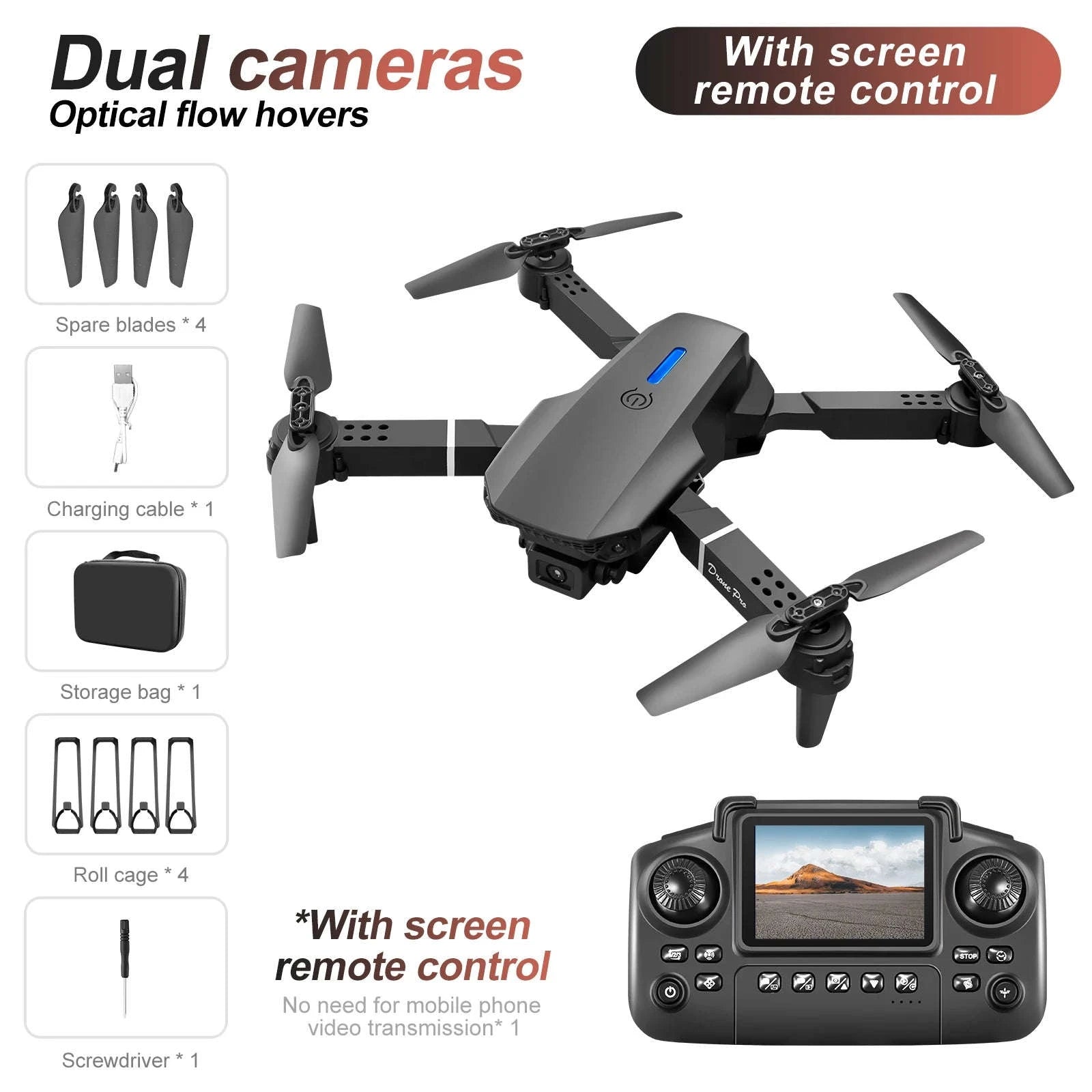 E88 E99 Drone with Screen Remote and Dual Camera-E99-grey