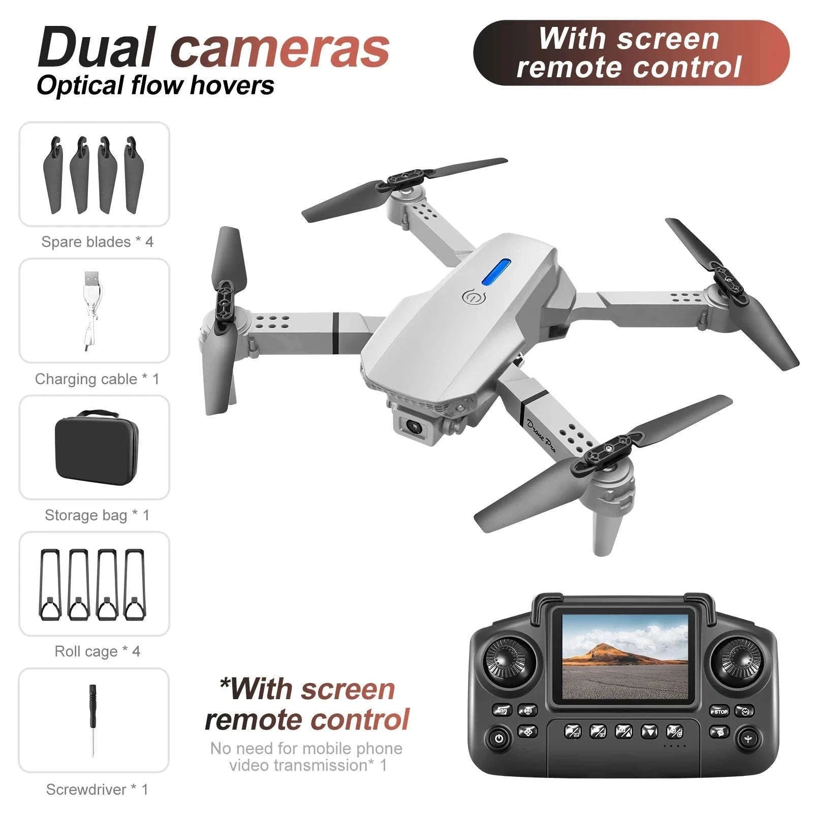E88 E99 Drone with Screen Remote and Dual Camera-E99-grey
