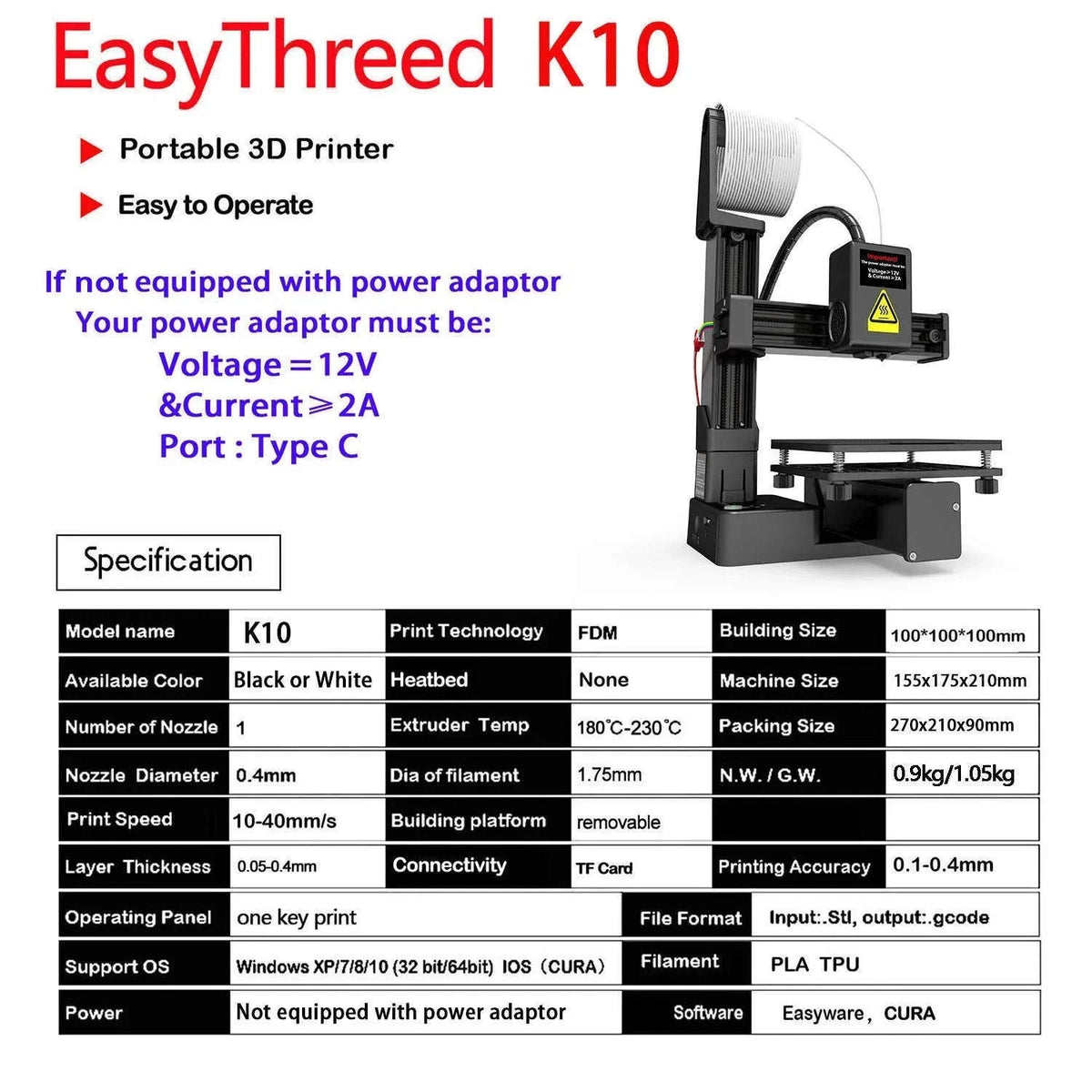EasyThreed K10 3D Printer for Beginners and Hobby Makers-black / TF Card Offline / US