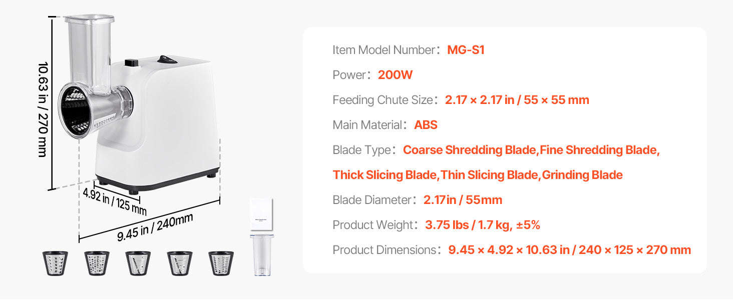 Electric Cheese Grater Salad Maker 200W with 5 Attachments Stainless Steel Cutter-200W / United States