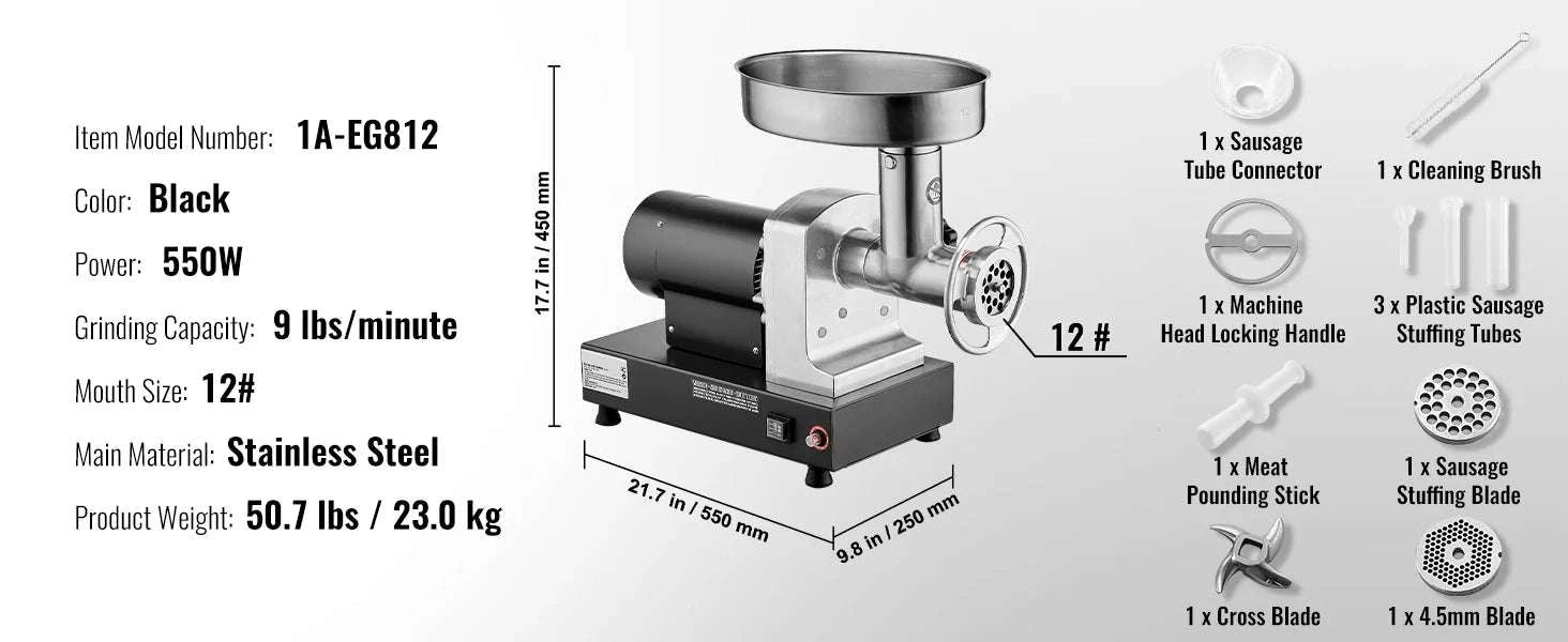 Electric Commercial Meat Grinder 550W Stainless Steel Sausage Maker-9pound 12size / United States