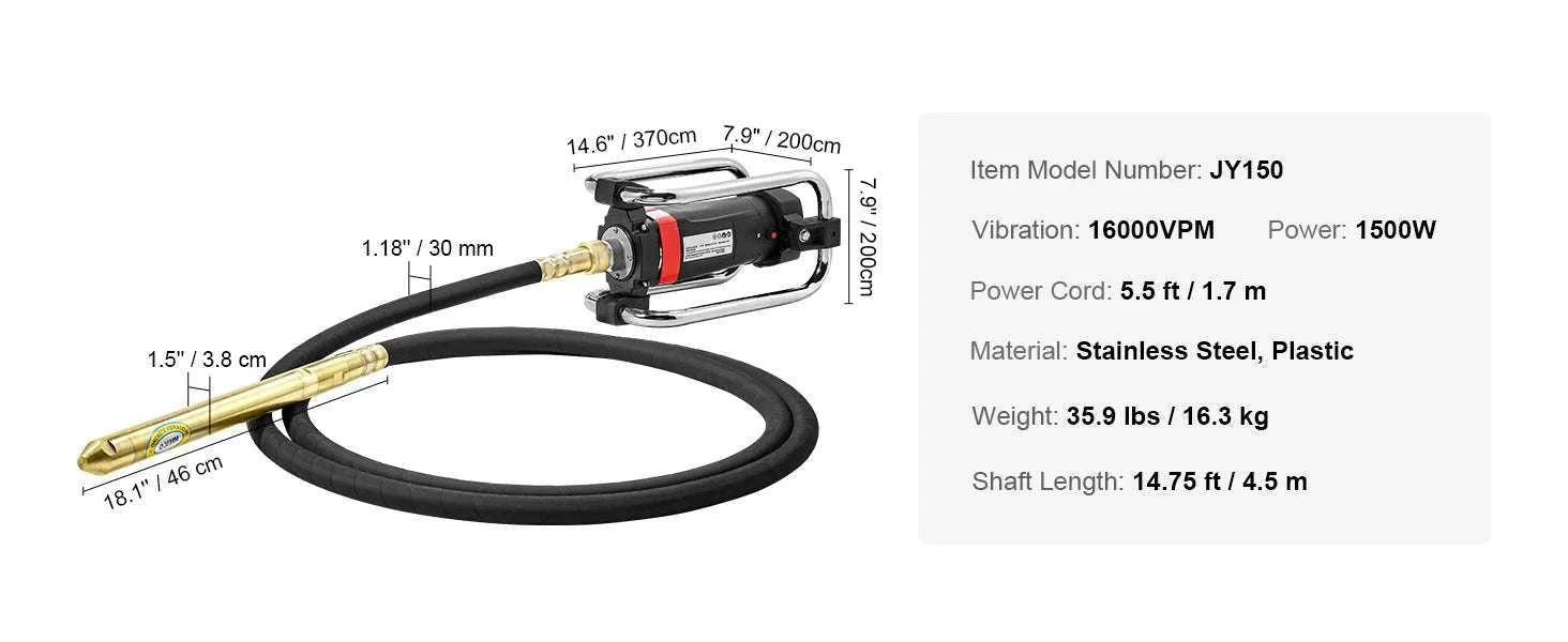 Electric Concrete Vibrator 1500W 16000 VPM with 14.75ft Shaft-16000VPM110V / United States