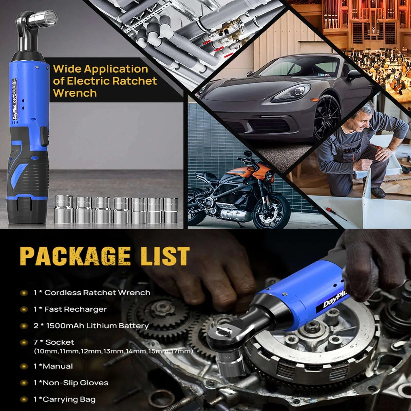 Electric Cordless Ratchet Wrench 3/8'' 90° Angle with LED and Socket Set-GERMANY