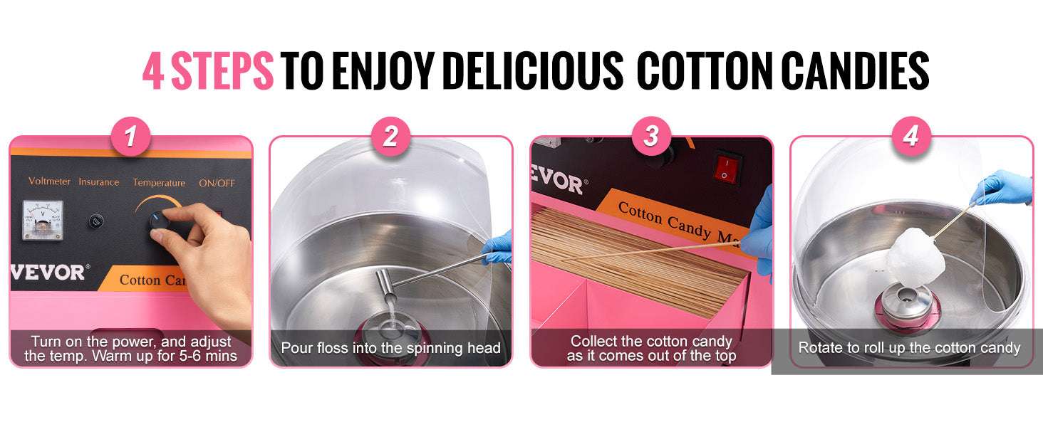 Electric Cotton Candy Machine 1000W Commercial Floss Maker-pink with cart / United States