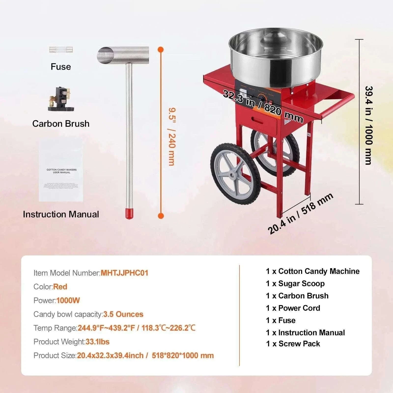 Electric Cotton Candy Machine 1000W Commercial Floss Maker-pink with cart / United States