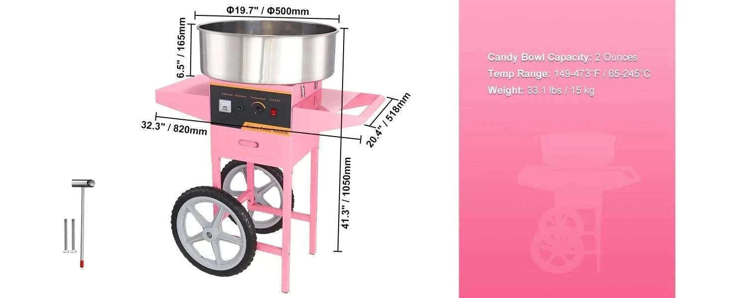 Electric Cotton Candy Machine 1000W Commercial Floss Maker-pink with cart / United States