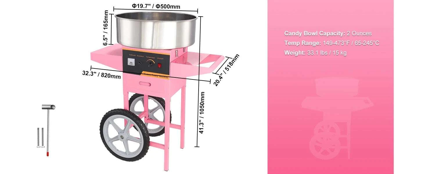 Electric Cotton Candy Machine Cart 1000W Commercial Floss Maker-Pink with Cart / United States